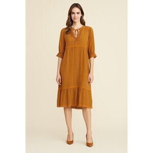 New POL Oversized Mustard Print Dress Women’s  Style Lace Trim Small